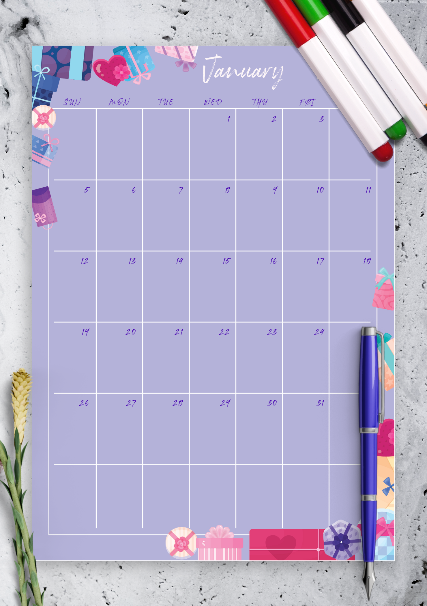 Download Printable Violet Monthly Birthday Calendar PDF