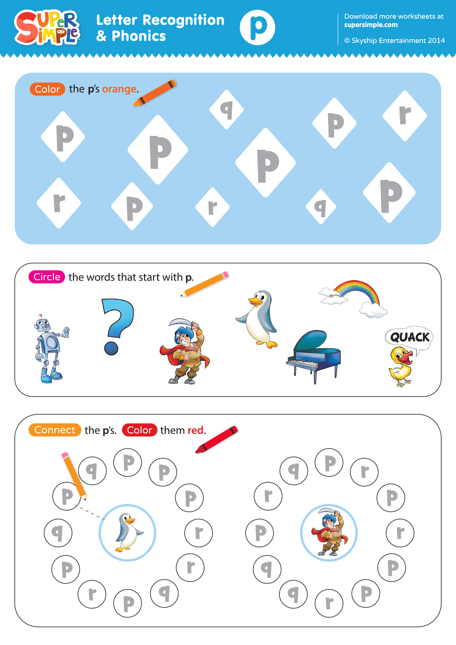 Letter Recognition Phonics Worksheet P lowercase Super Simple