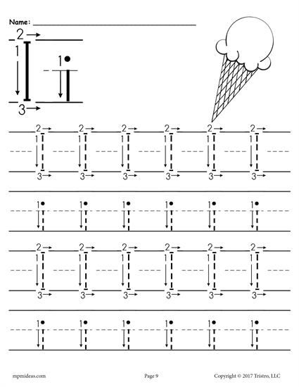 Printable Letter I Tracing Worksheet With Number And Arrow Guides 