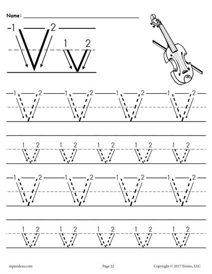 Printable Letter V Tracing Worksheet With Number And Arrow Guides 