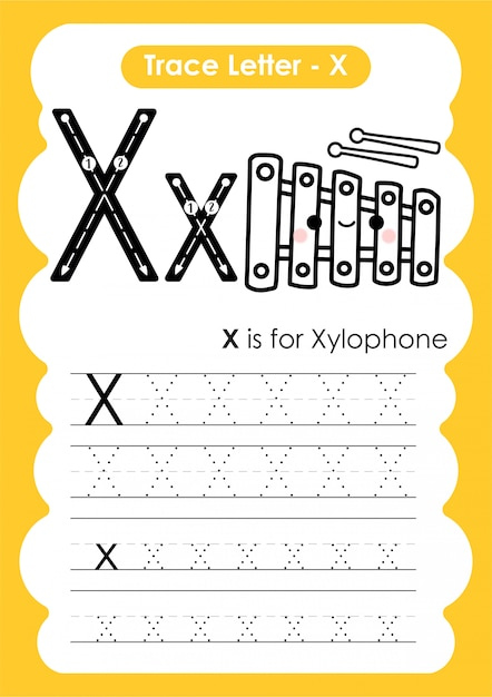Trace Letter Alphabet X Exercise With Cartoon Vocabulary Illustration 