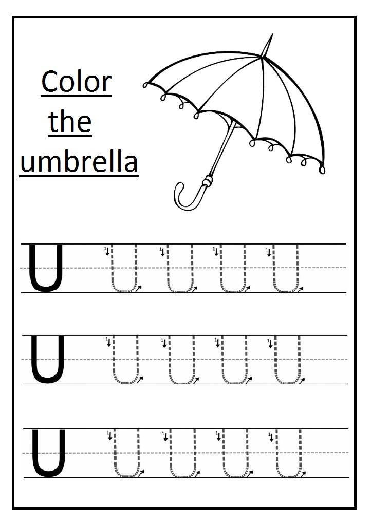 Trace The Uppercase Letter U Worksheet And Color The Umbrella 