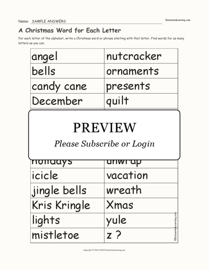 Christmas Words For Each Letter of the Alphabet