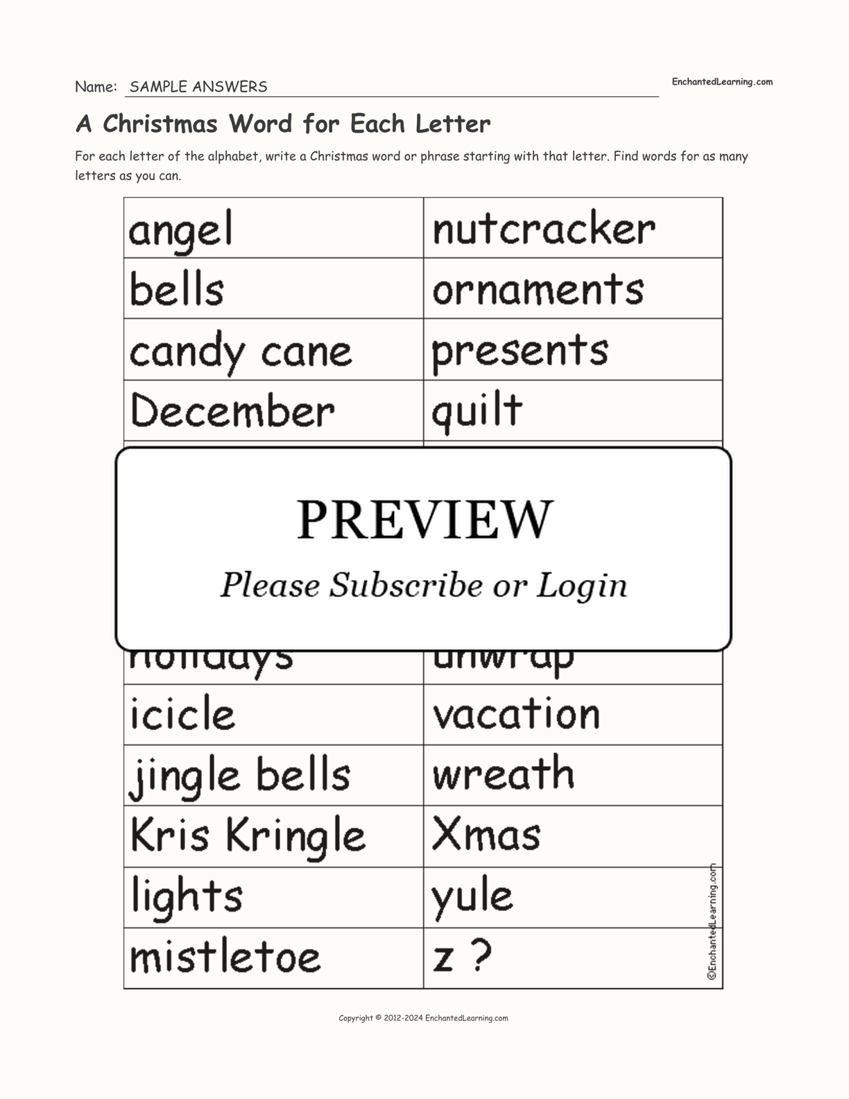 A Christmas Word For Each Letter - Enchanted Learning within Christmas Words For Each Letter of the Alphabet