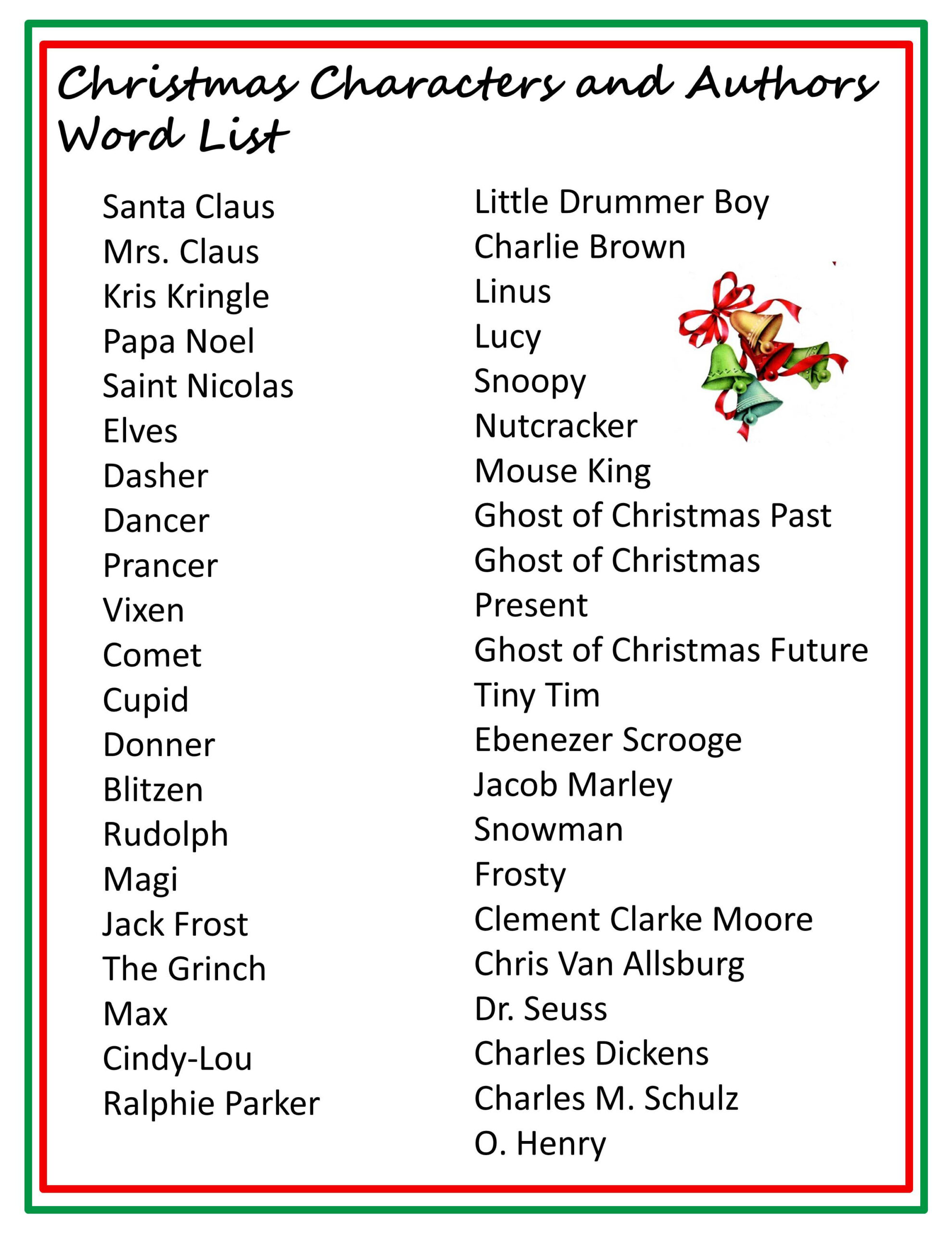 Christmas Characters Word List | throughout Alphabetical List Of Christmas Words