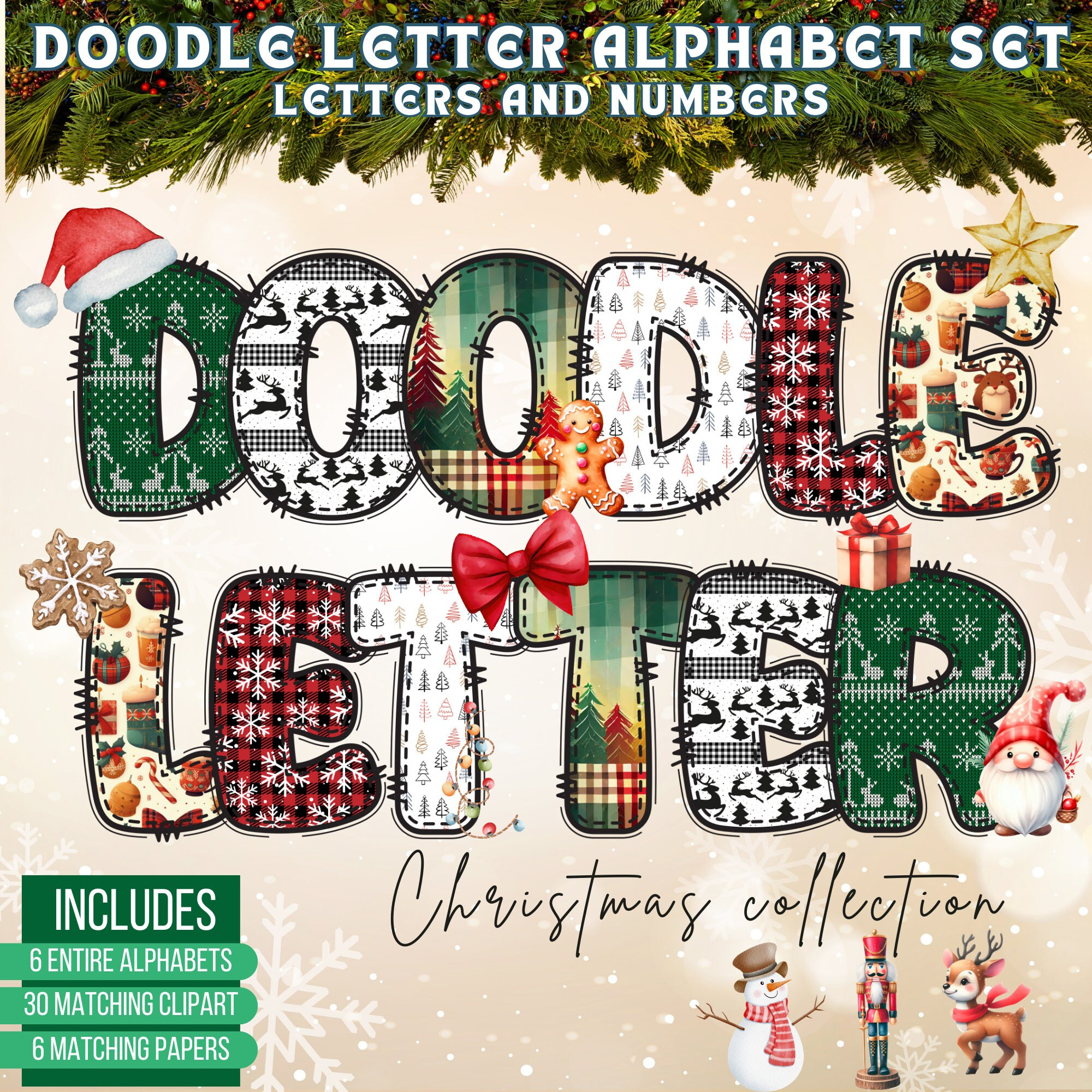 Christmas Doodle Letters And Numbers Clip Art, Uppercase Alphabet intended for Christmas Themed Alphabet