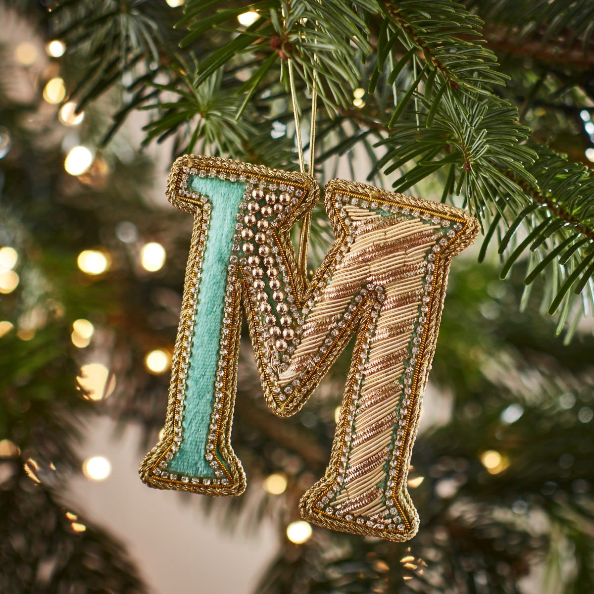 Fortnum&amp;#039;S Eau De Nil Embroidered Alphabet Christmas Decoration, M in Alphabet Letter Christmas Decorations