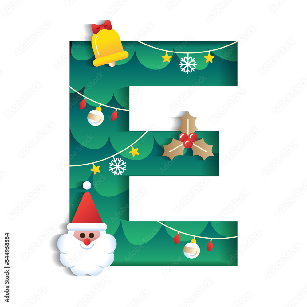 Letter E Alphabet Font Cute Merry Christmas Concept Bell Santa in Christmas Alphabet Letter E