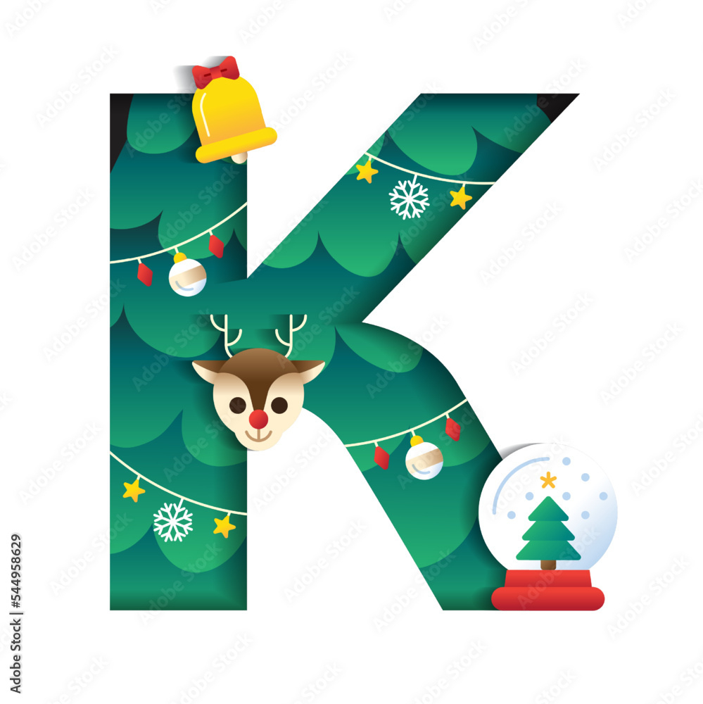 Letter K Alphabet Font Cute Merry Christmas Concept Reindeer Bell for Christmas Alphabet Letter K