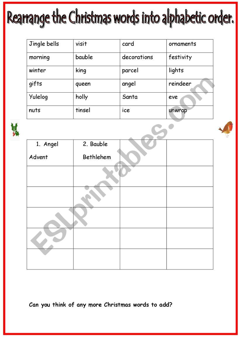 Rearrange The Christmas Words Into Alphabetic Order - Esl with regard to Christmas Words Alphabetical Order Worksheet