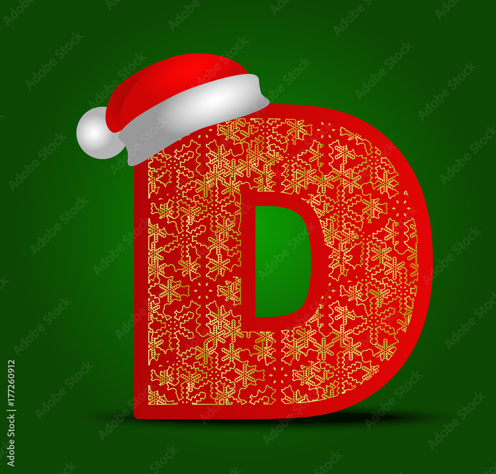 Vector Alphabet Letter D With Christmas Hat And Gold Snowflakes with Christmas Alphabet Letter D