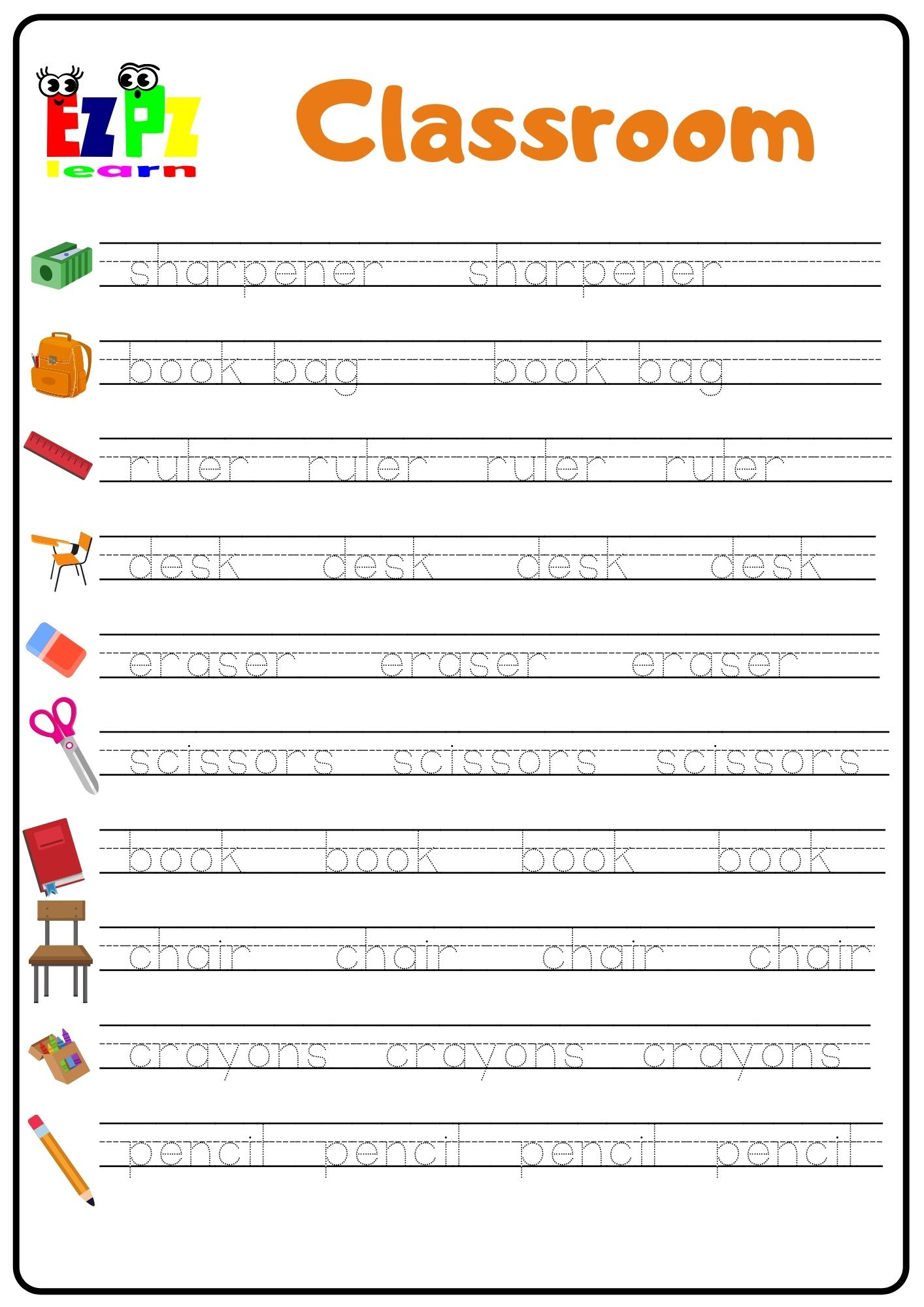 Classroom Objects 2 Word Tracing Worksheet - Ezpzlearn for Two Letter Words Tracing Worksheets