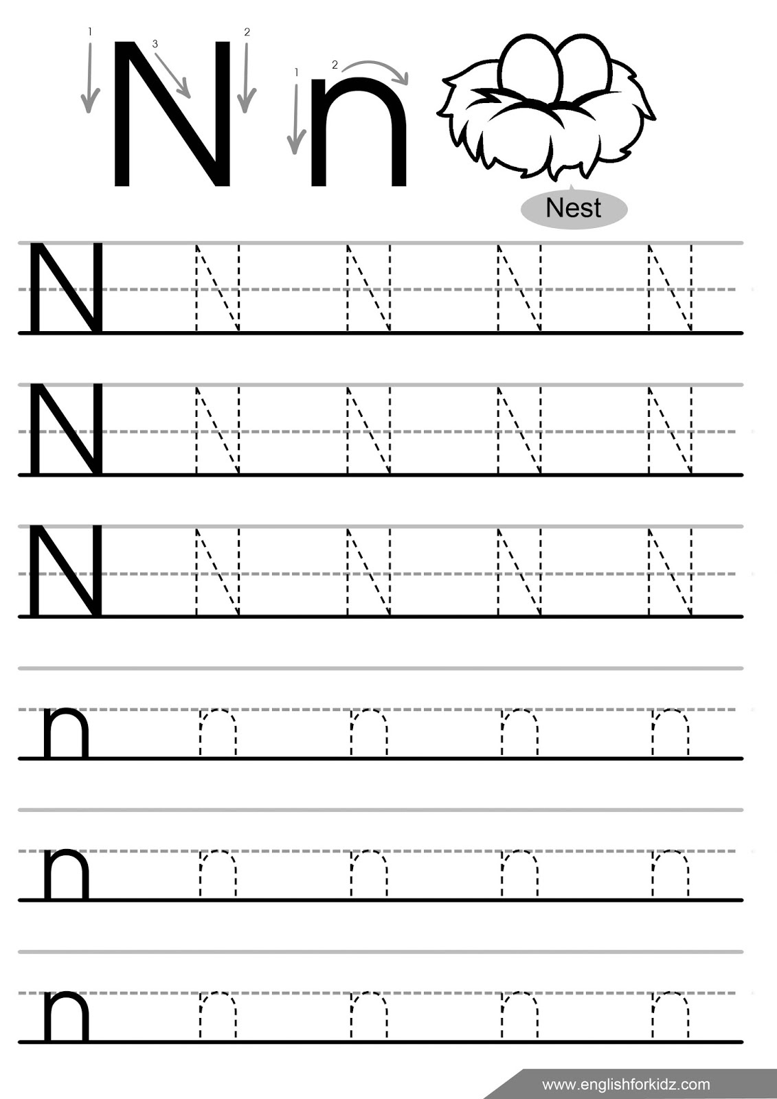 English For Kids Stepstep: Letter N Worksheets, Flash Cards inside Letter N Tracing Worksheets