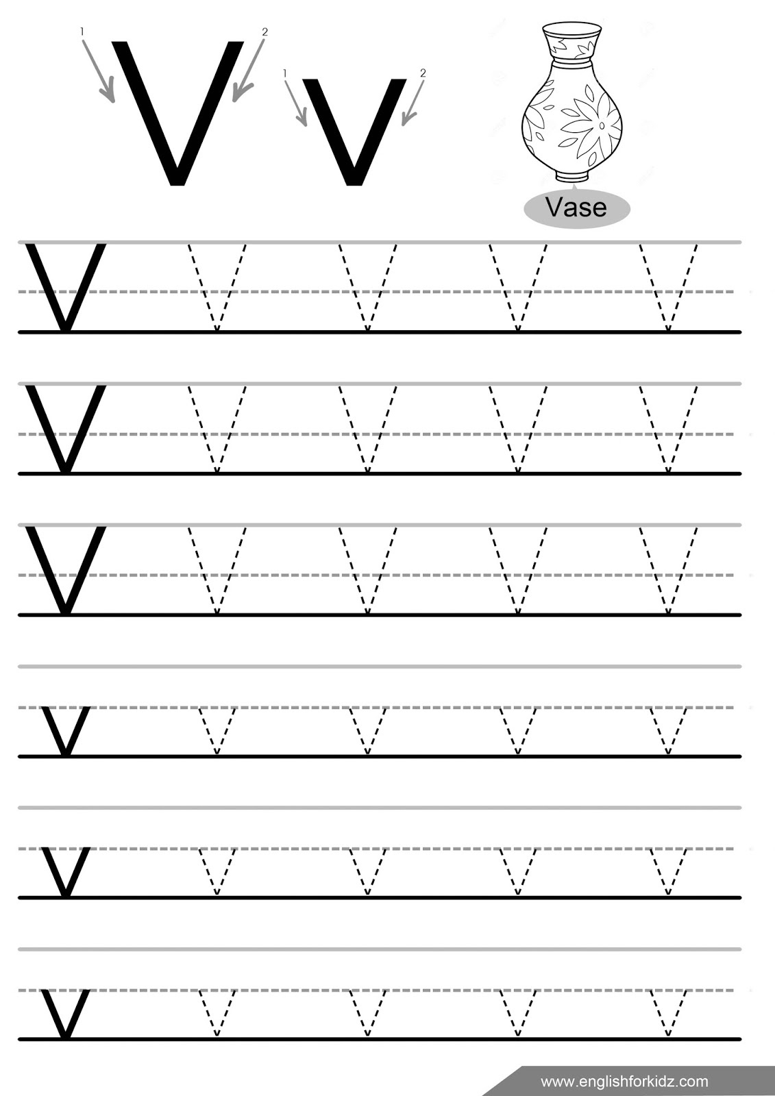 English For Kids Stepstep: Letter V Worksheets, Flash Cards within Letter V Tracing Worksheets For Kindergarten
