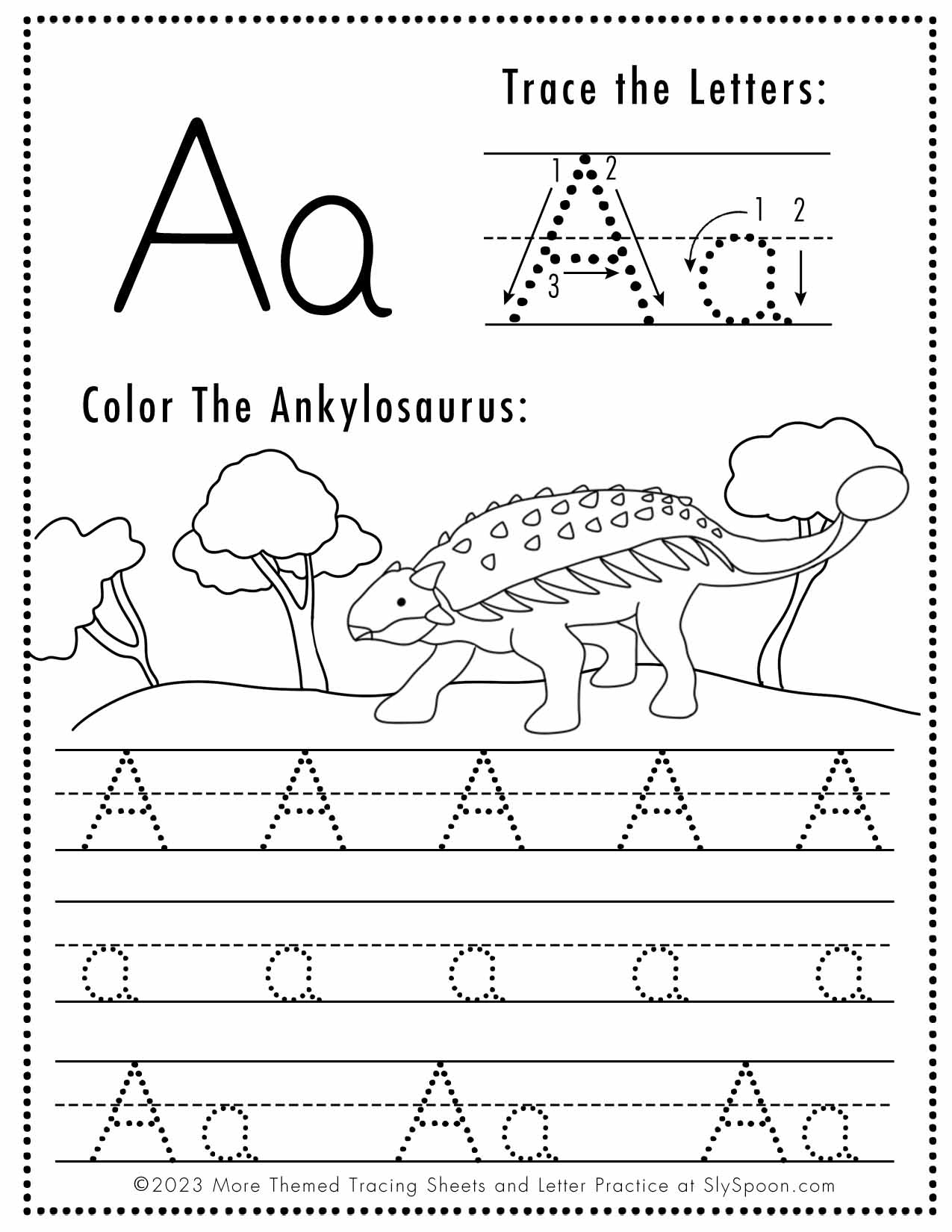 Free Letter A Tracing Worksheets (Dinosaur Themed) - Sly Spoon inside Letter A Tracing Worksheets Free Download