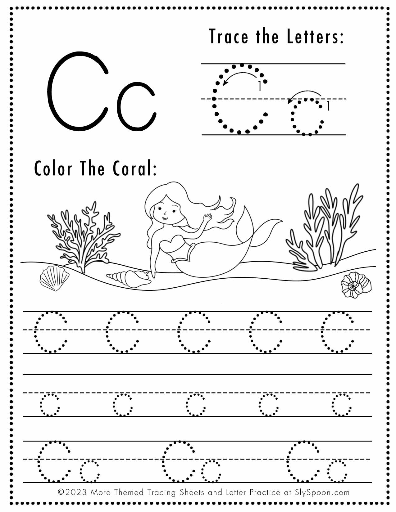 Free Letter C Tracing Worksheets (Printable) Mermaid Themed - Sly intended for Letter C Tracing Worksheets For Kindergarten