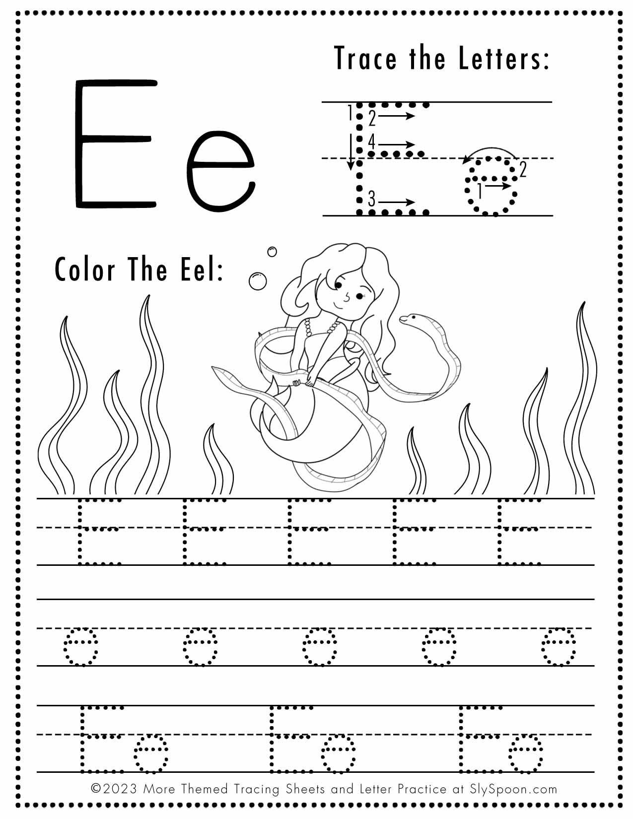 Free Letter E Tracing Worksheet (Printable) Mermaid Themed - Sly Spoon inside Tracing Letter Ee Worksheets