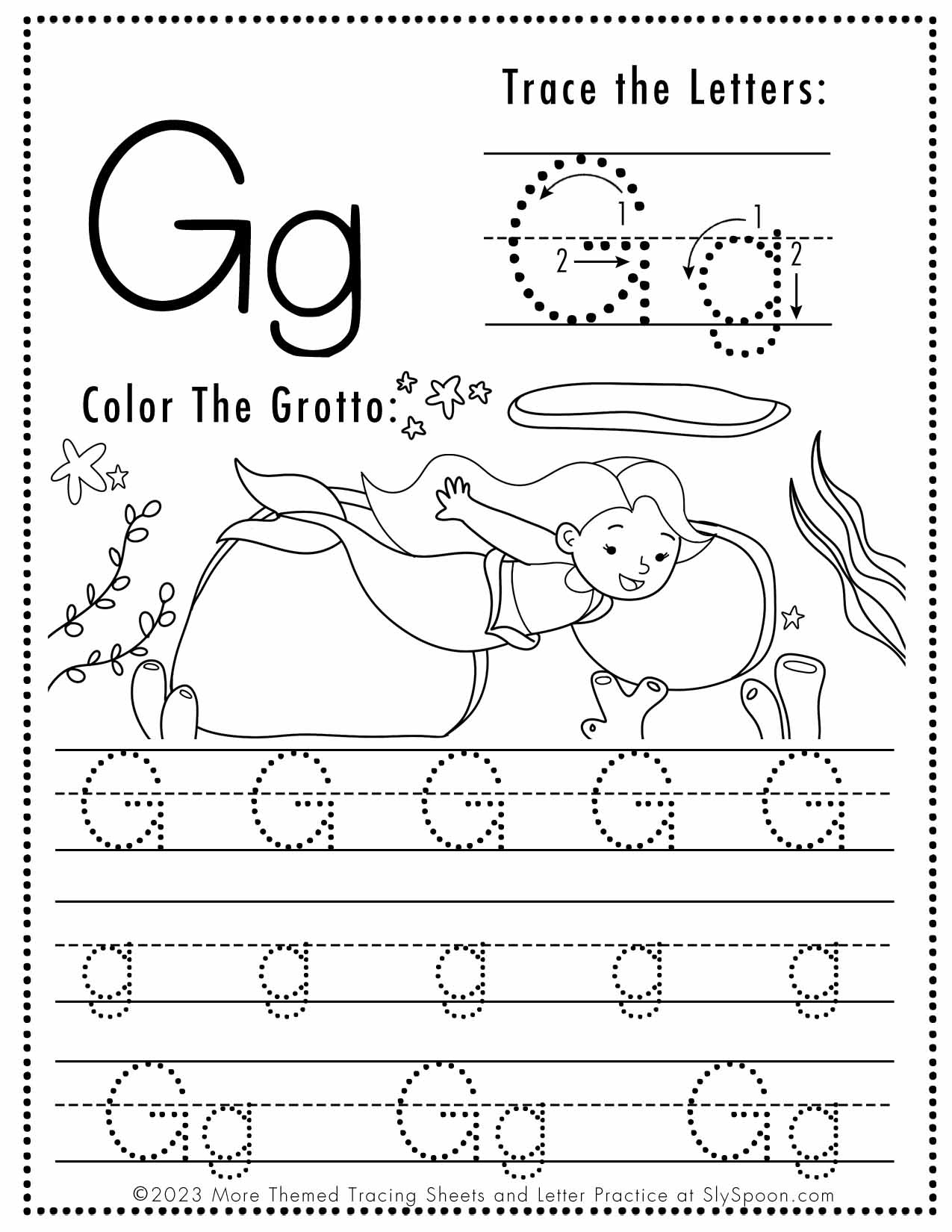 Free Letter G Tracing Worksheet (Printable) Mermaid Themed - Sly Spoon inside Letter Tracing Worksheets G
