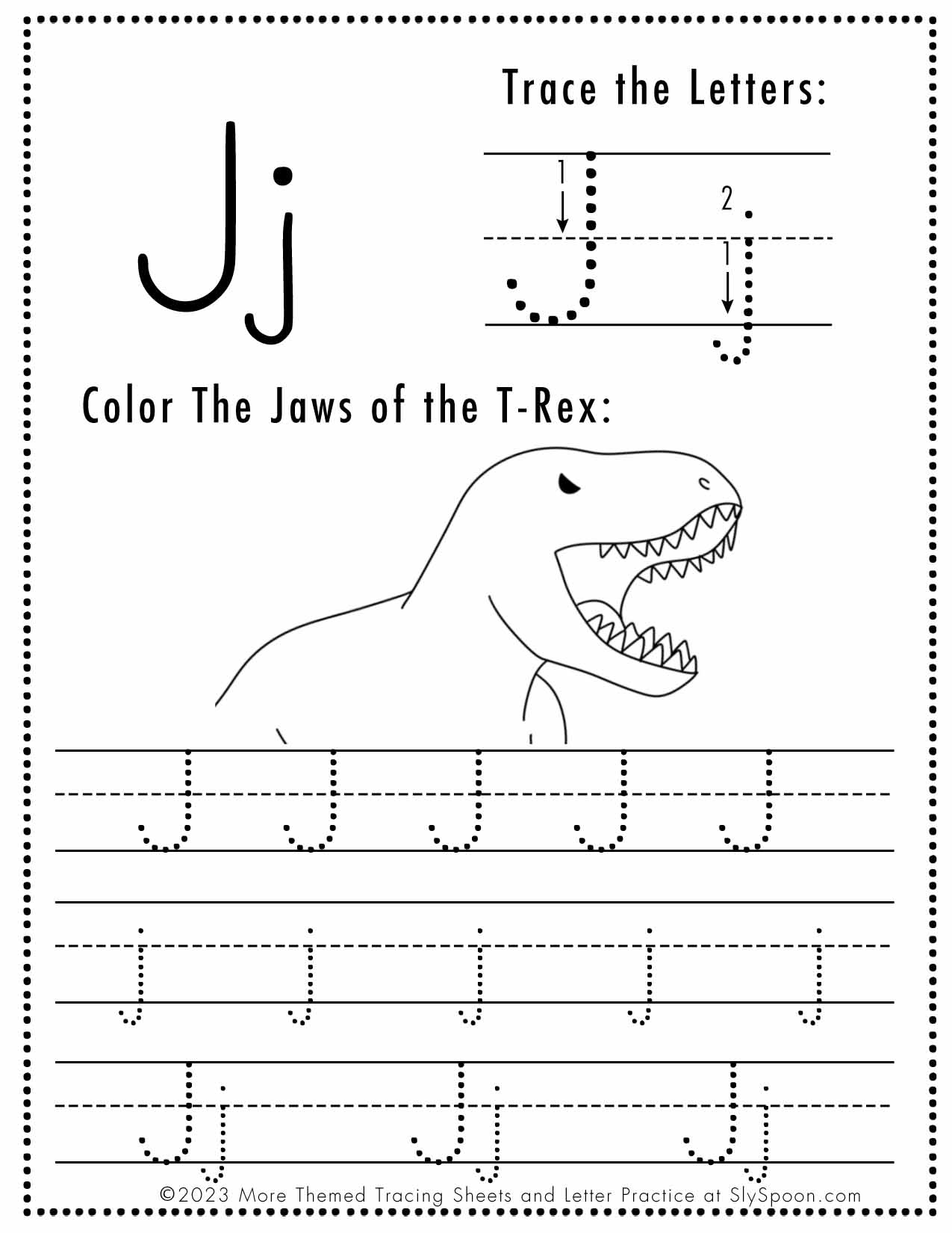 Free Letter J Tracing Worksheet (Printable) Dinosaur Themed - Sly within Tracing Letter J Worksheet