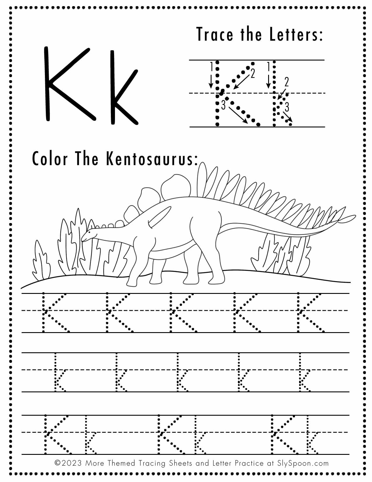 Free Letter K Tracing Worksheet (Printable) Dinosaur Themed - Sly within Small Letter K Tracing Worksheets