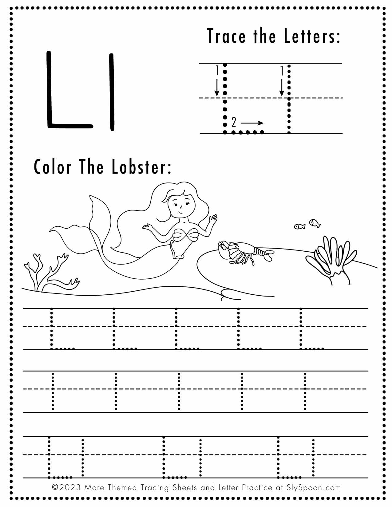 Free Letter L Tracing Worksheet (Printable) Mermaid Themed - Sly Spoon regarding Tracing Letter Ll