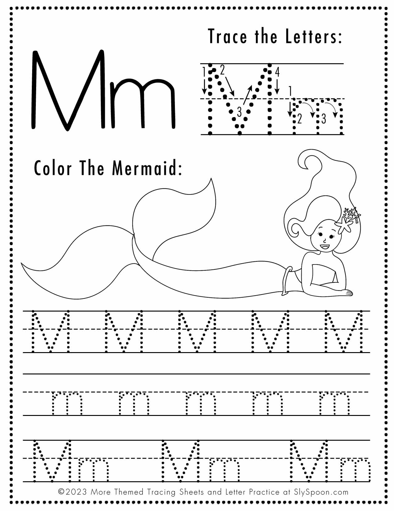Free Letter M Tracing Worksheet (Printable) Mermaid Themed - Sly Spoon with regard to Tracing Letter M Worksheets Kindergarten