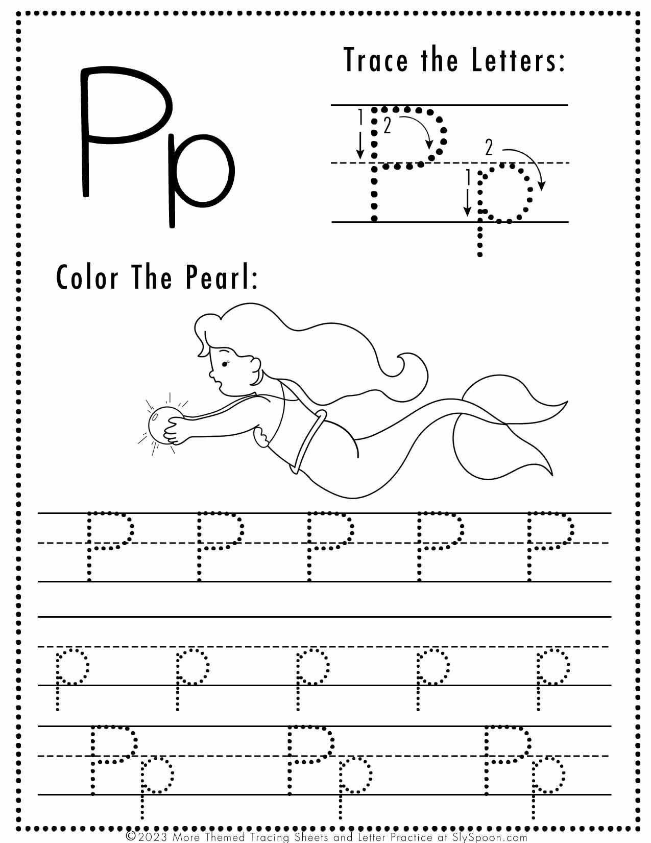 Free Letter P Tracing Worksheet (Printable) Mermaid Themed - Sly Spoon with regard to Letter P Tracing Worksheets For Kindergarten