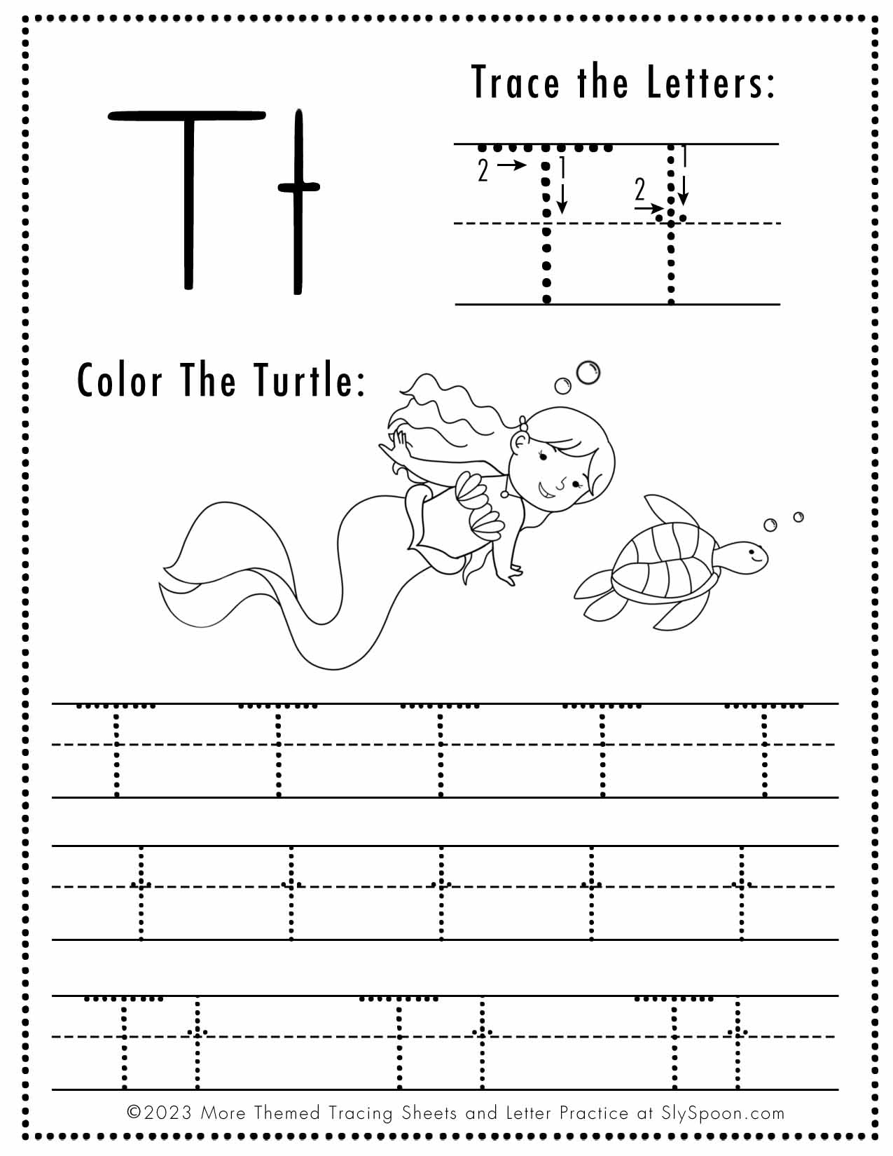 Free Letter T Tracing Worksheet (Printable) Mermaid Themed - Sly Spoon with Letter Tracing Worksheets T
