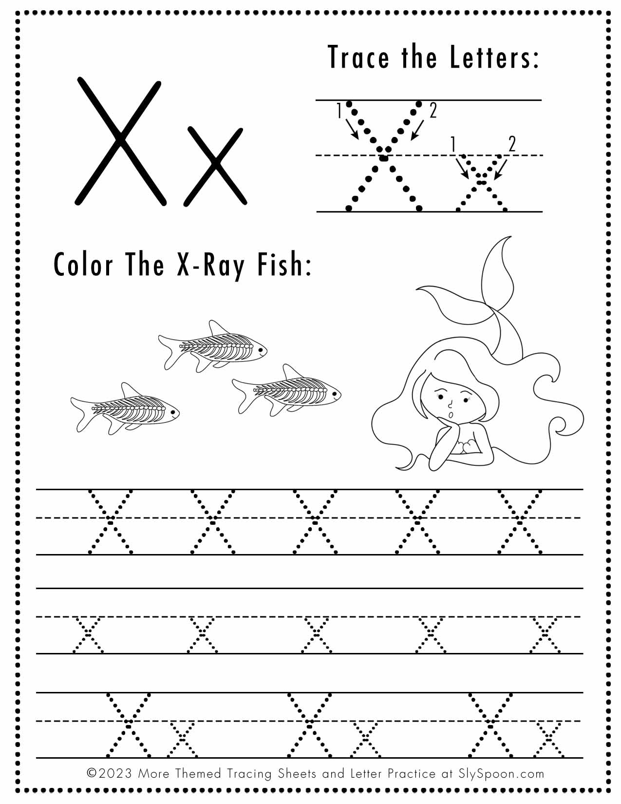 Free Letter X Tracing Worksheet (Printable) Mermaid Themed - Sly Spoon throughout Letter X Tracing Worksheets For Kindergarten