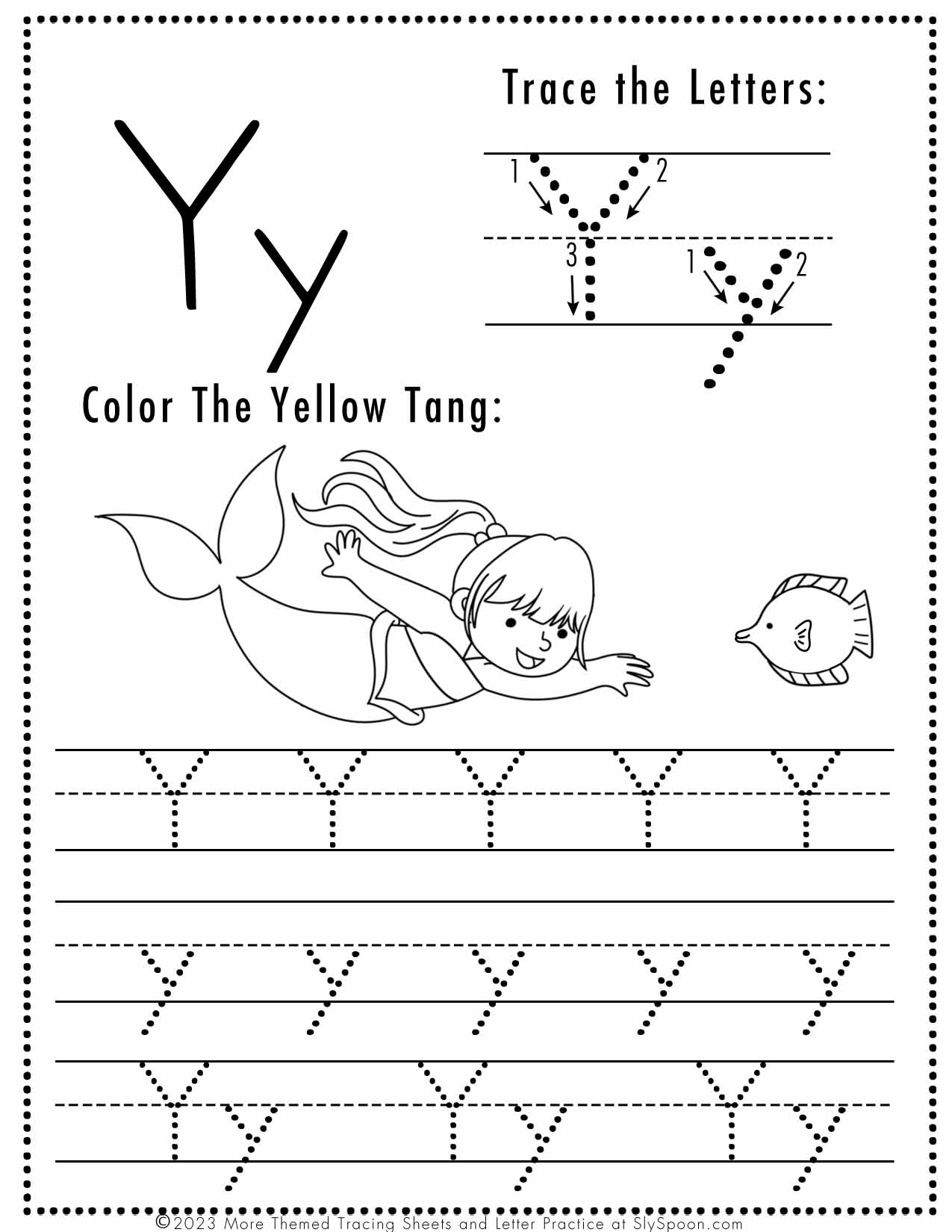 Free Letter Y Tracing Worksheet (Printable) Mermaid Themed - Sly Spoon within Letter Y Tracing Worksheets