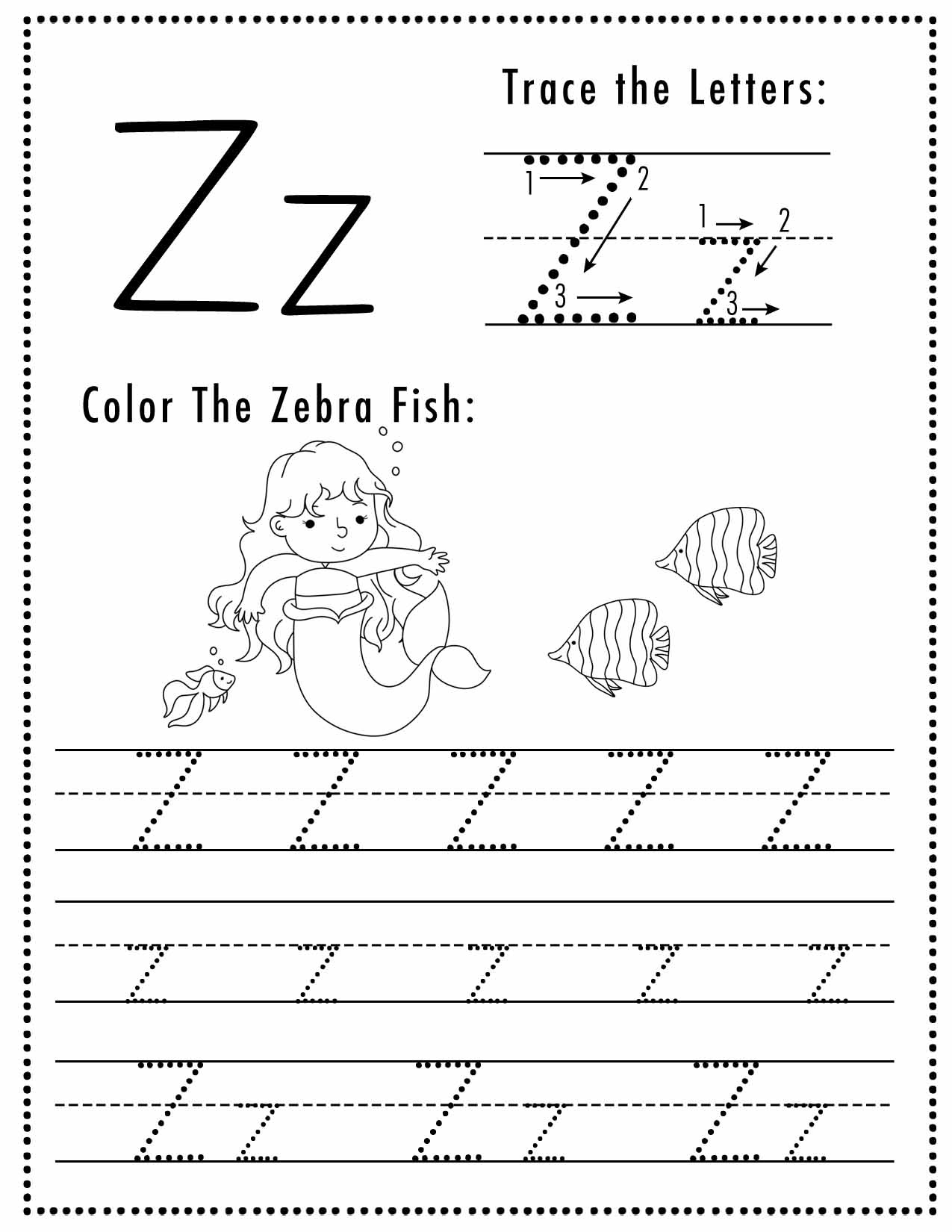 Free Letter Z Tracing Worksheet (Printable) Mermaid Themed - Sly Spoon intended for Letter Z Tracing Worksheets