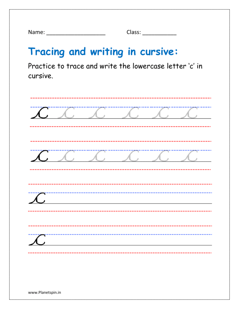 Free Printable Cursive Letter C Worksheet Pdf | Planetspin.in inside Free Cursive Lowercase Letter Tracing Worksheets