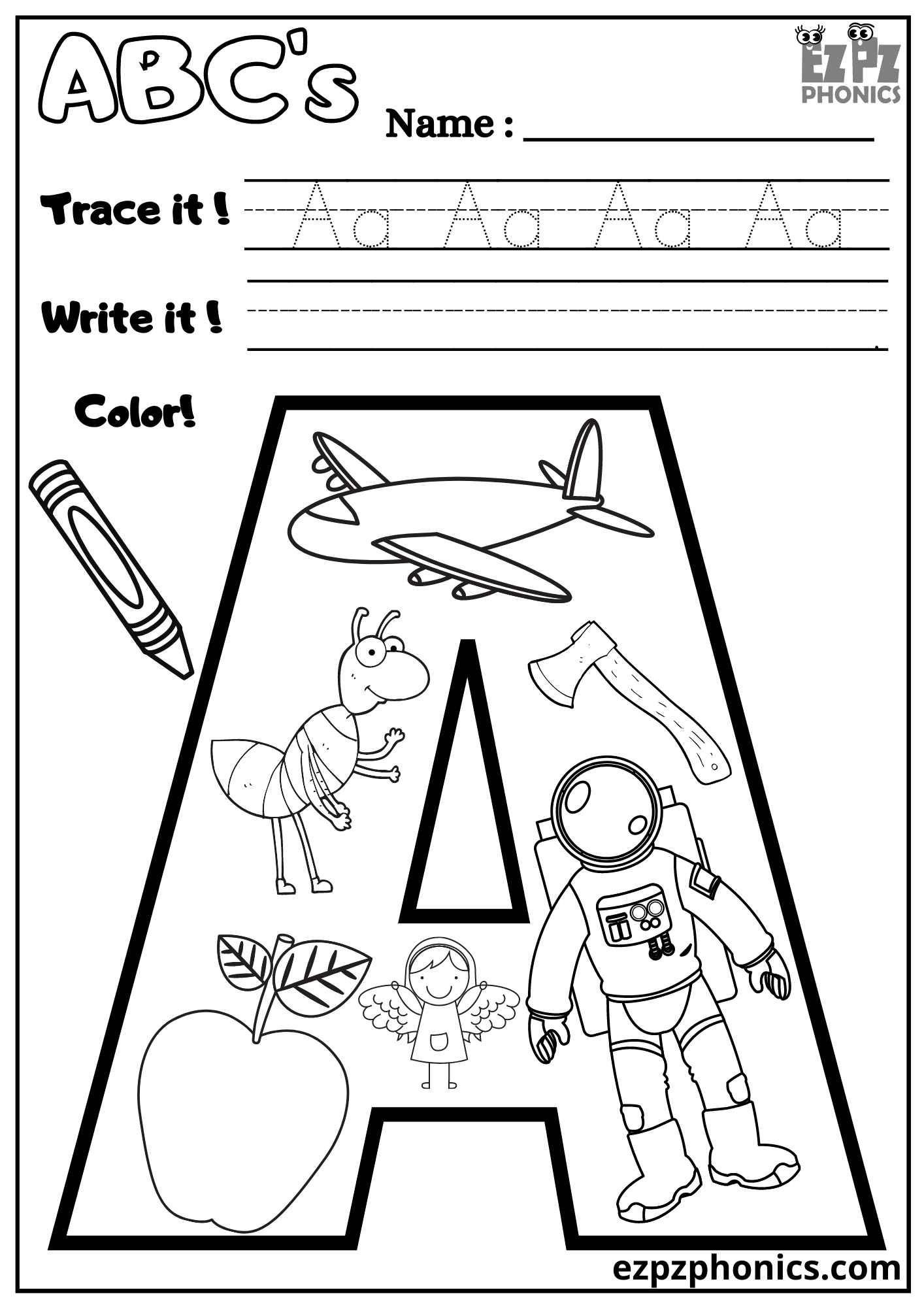 Letter A Trace, Write, And Color - Ezpzphonics inside Letter Tracing And Coloring Worksheets