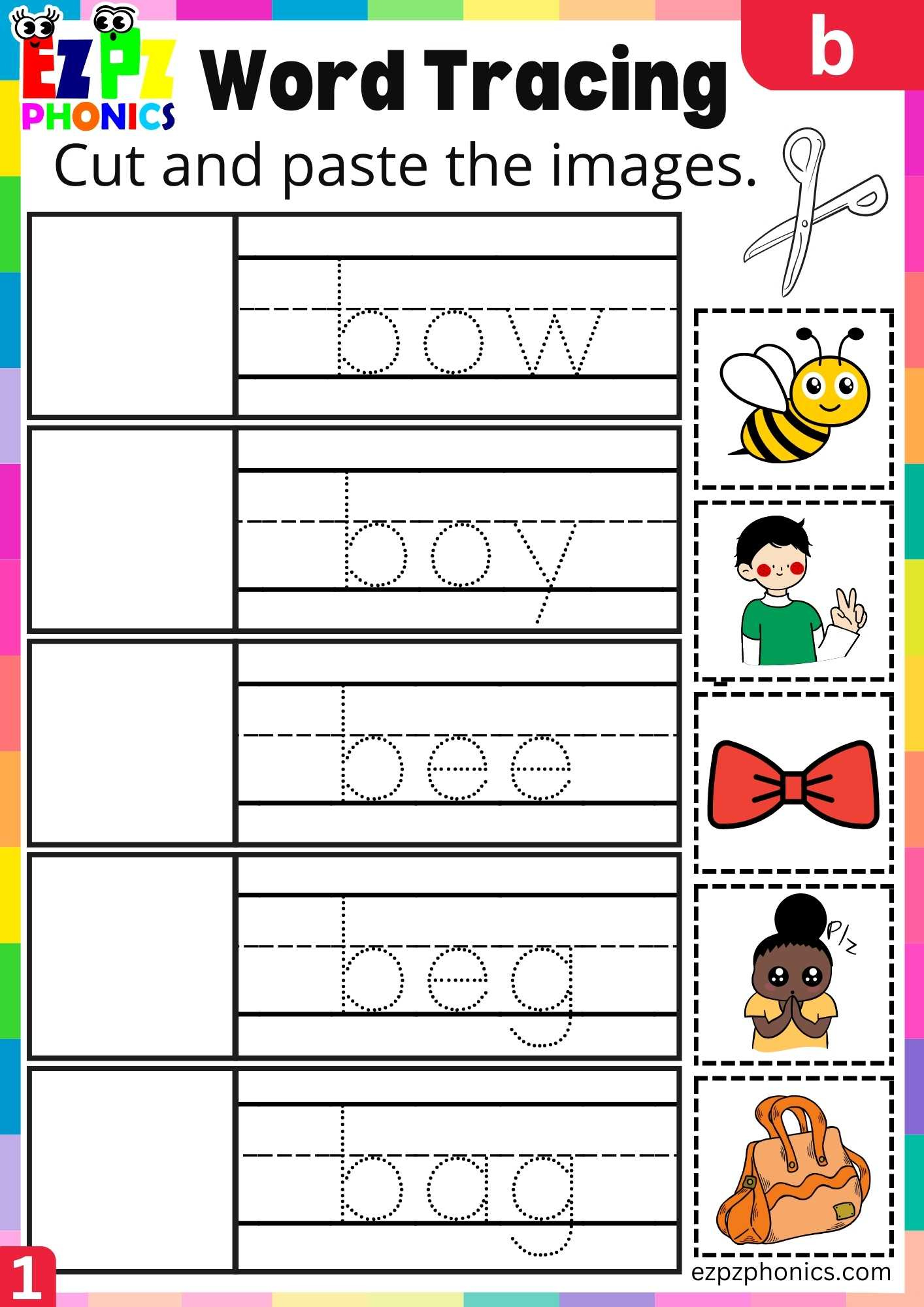 Letter B Word Tracing Cut And Paste Beginning Sounds Worksheet inside Word And Letter Tracing Worksheets