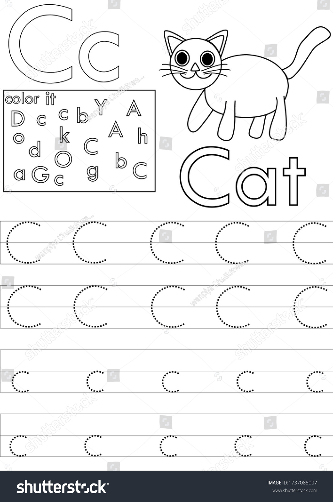 Letter C Worksheet Kindergartenalphabet Tracing Sheet Stock Vector intended for Letter C Worksheets Tracing