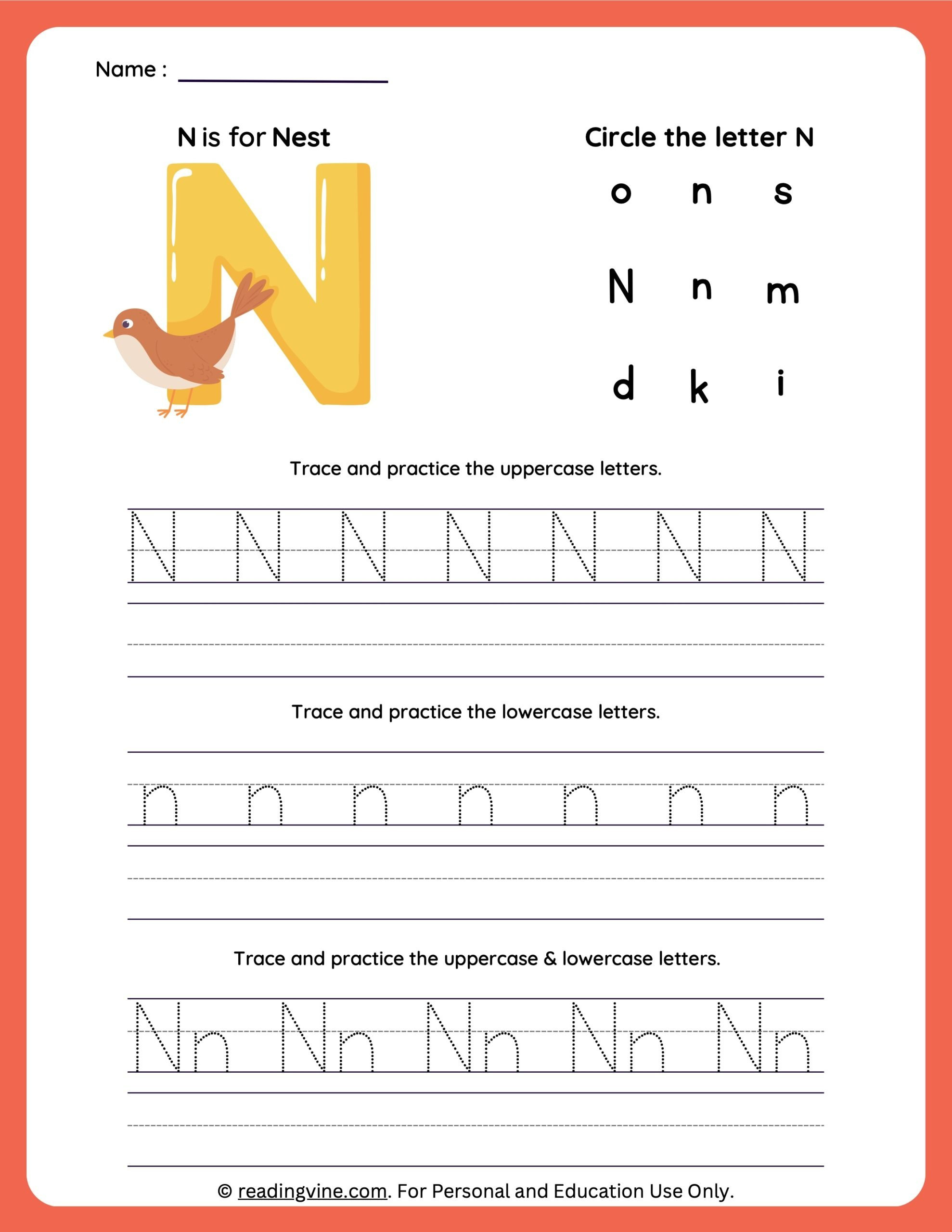 Tracing Letter N | Worksheets For Preschool with Tracing Letter N Worksheets