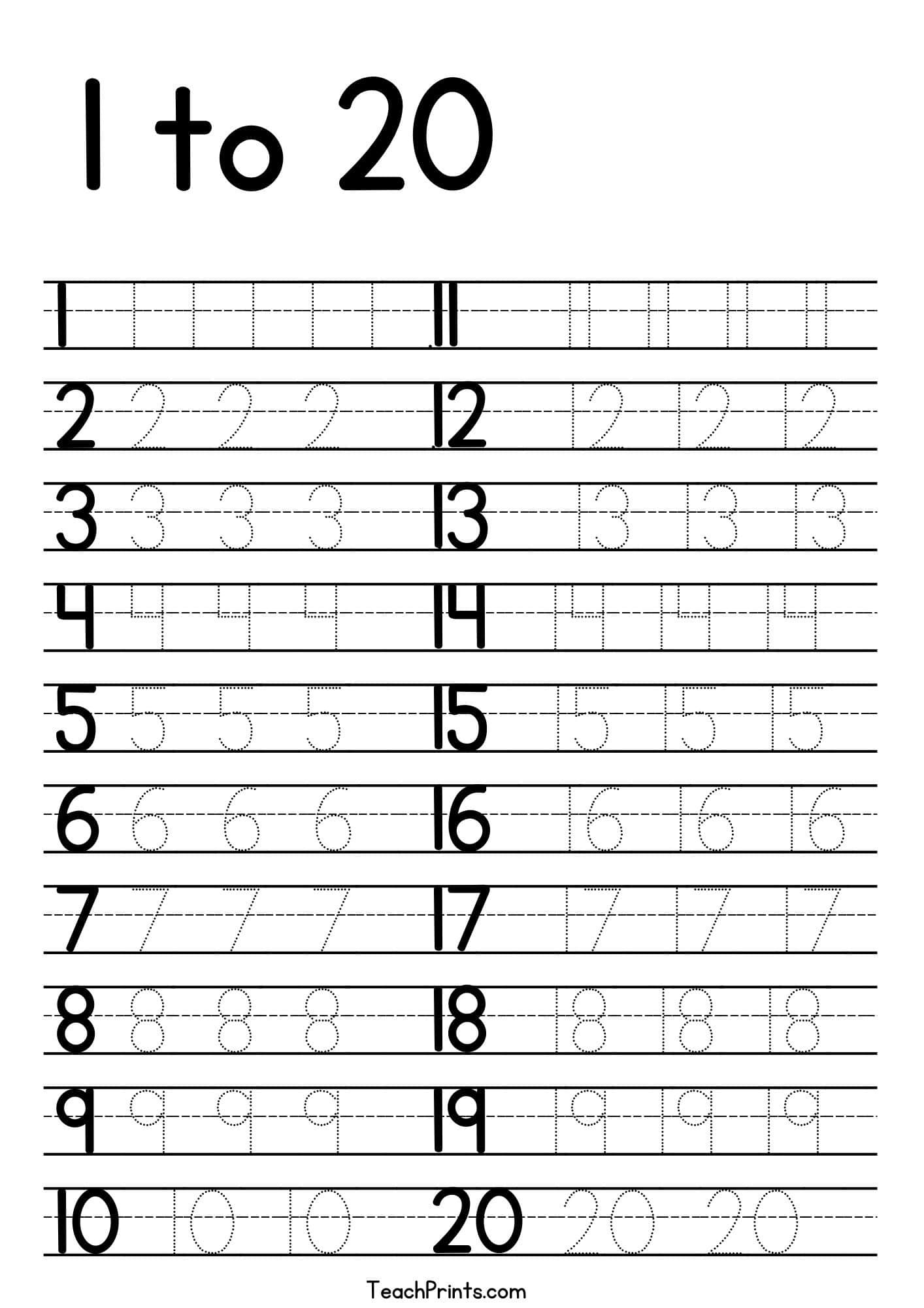 Tracing Numbers 1-20 Worksheets (Free Printable Pdfs) - Teach Prints with Letter Tracing Worksheets 1 20