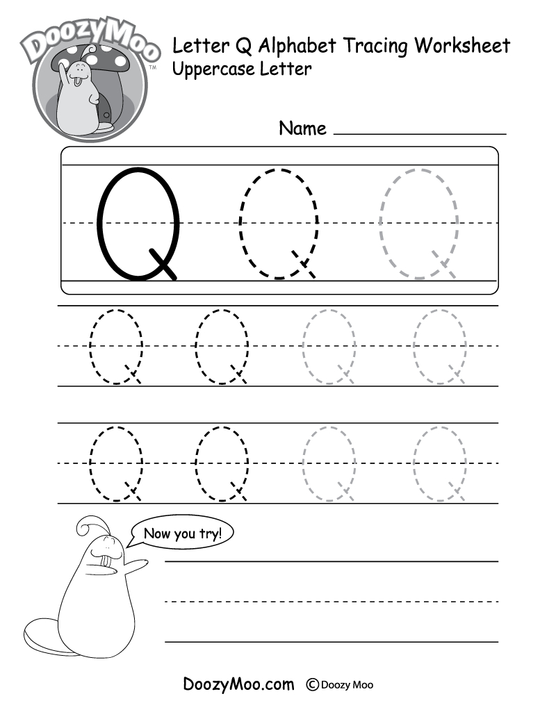 Uppercase Letter Q Tracing Worksheet - Doozy Moo in Letter Tracing Worksheets Q